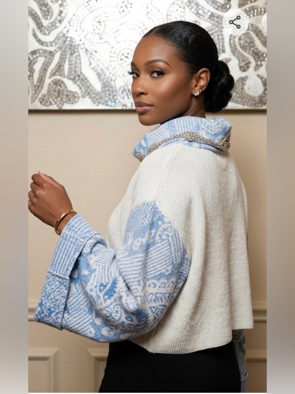 Women’s Cream and Light Blue Knit Sweater with embellished collar.